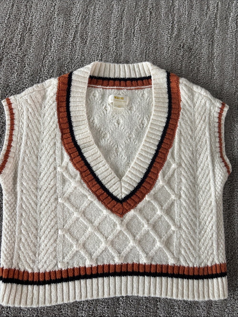 Maeve Cream Cable-Knit V-Neck Sweater Vest with Rust and Black Trim